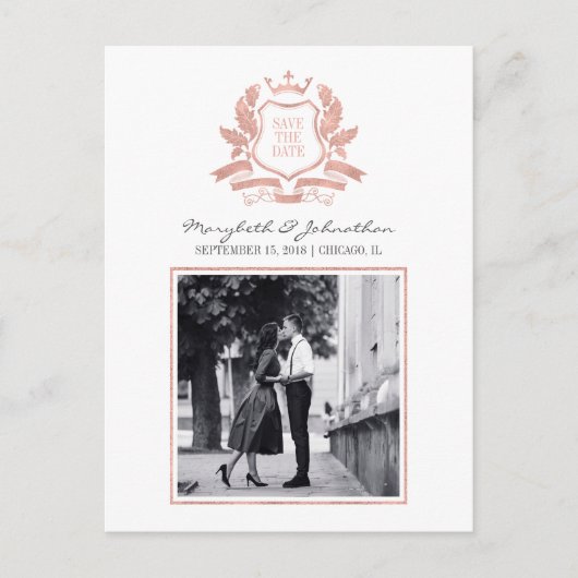 Classic Rose Gold Wappen Save the Date Postkarte (Vorderseite)