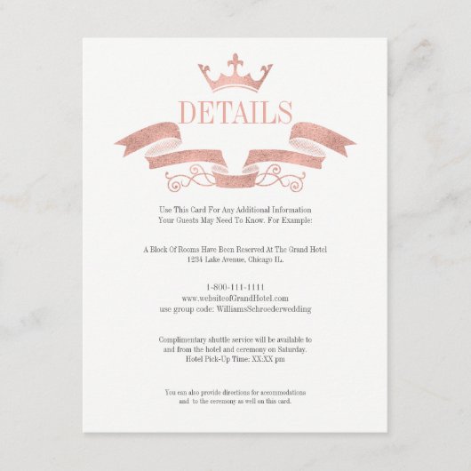 Classic Rose Gold Wappen Wedding Details Card Begleitkarte (Vorderseite)