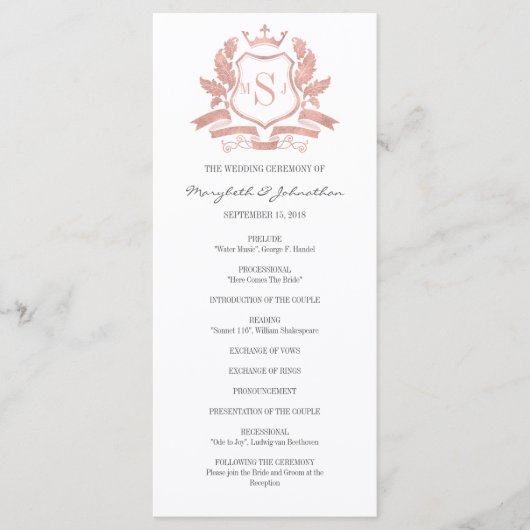Classic Rose Gold Wappen Wedding Program Programm (Vorderseite)