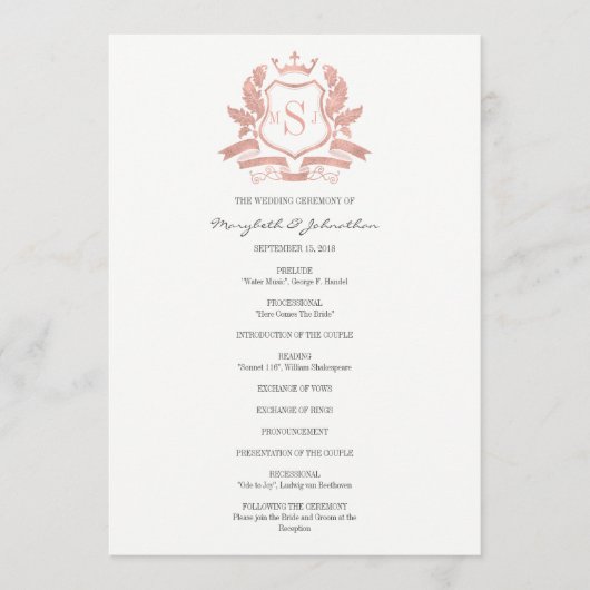 Classic Rose Gold Wappen Wedding Program Programm (Vorderseite)