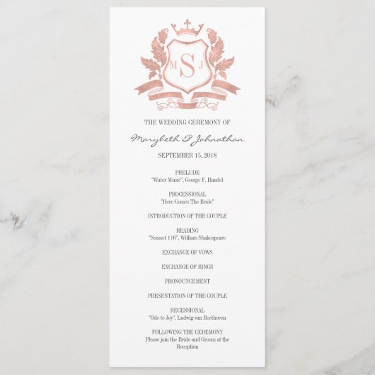 Classic Rose Gold Wappen Wedding Program Programm (Vorderseite)