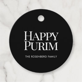 Classic Round Family Name Happy Purim Favor Tags Geschenkanhänger