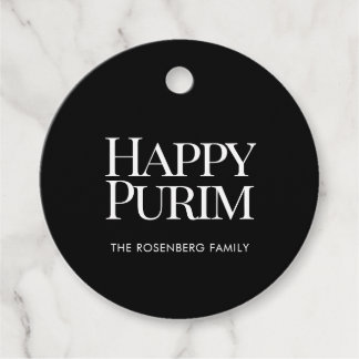 Classic Round Family Name Happy Purim Favor Tags Geschenkanhänger