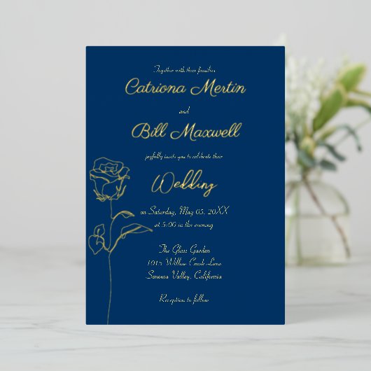 Classic Royal Blue and Gold Wedding Einladung (Stehend vorne)