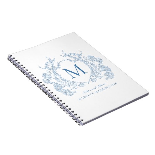 Classic Royal Blue Floral Wappen Monogram Notebook Notizblock (Rechte Seite)