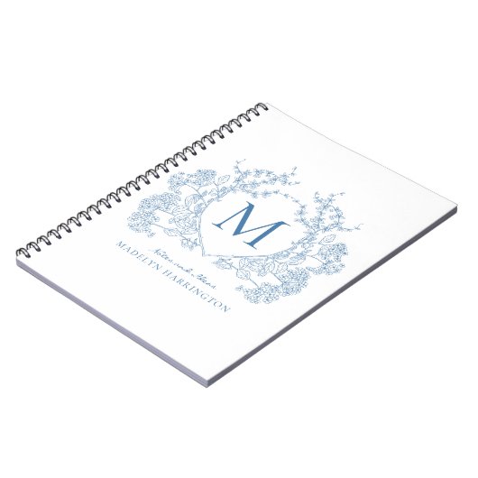 Classic Royal Blue Floral Wappen Monogram Notebook Notizblock (Linke Seite)