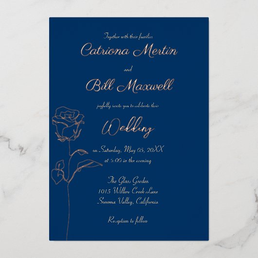 Classic Royal Blue & Rose Foil Wedding Einladung (Vorderseite)