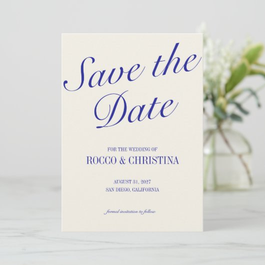 Classic Royal Blue Save the Date Card (Stehend Vorderseite)