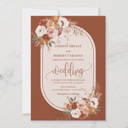 Classic Rust Pampas Grass Boho Hochzeitseinladung Einladung (Vorderseite)