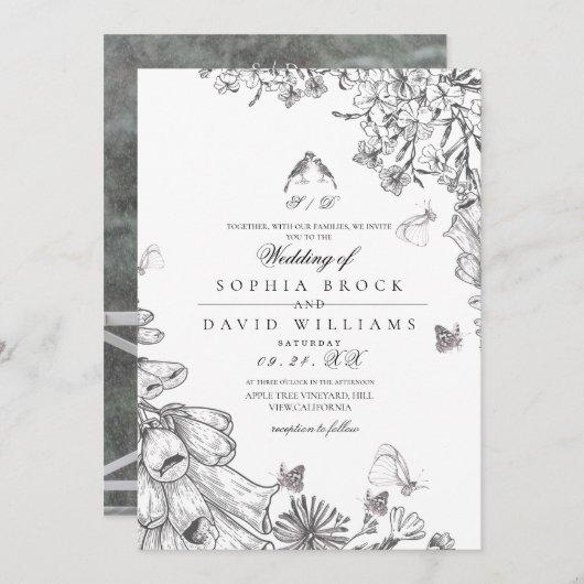Classic Rustic Black White Floral Wedding  Einladung (Vorne/Hinten)