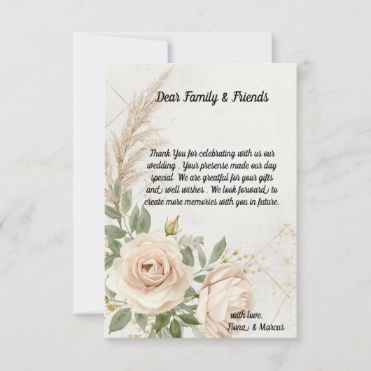 Classic Rustic Boho Rose Hochzeit Dankeskarte (Vorderseite)