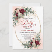 Classic Rustic Burgundy Peonies Gold Baby Shower Einladung (Vorderseite)