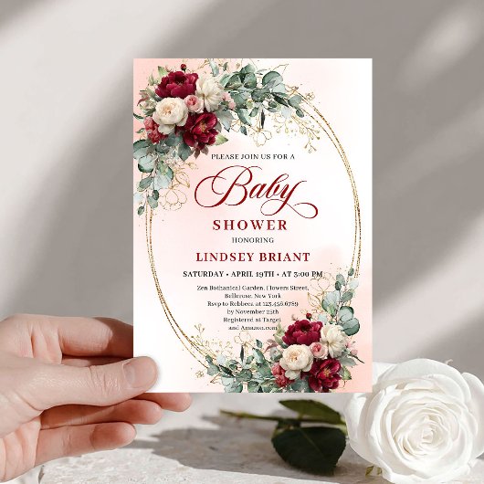 Classic Rustic Deep Red Floral Baby Shower Invite Einladung