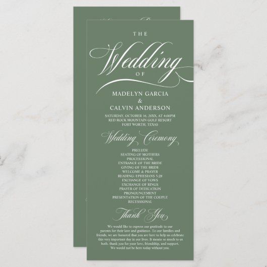 Classic Rustic Sage Green, Hochzeitsfeier Programm (Vorne/Hinten)