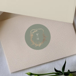 Classic Sage & Cream Monogram Gold Wappen Wedding Runder Aufkleber