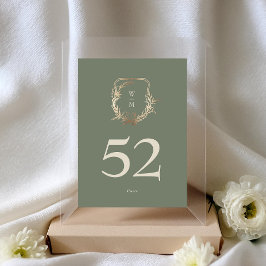 Classic Sage & Cream Monogram Gold Wappen Wedding Tischnummer