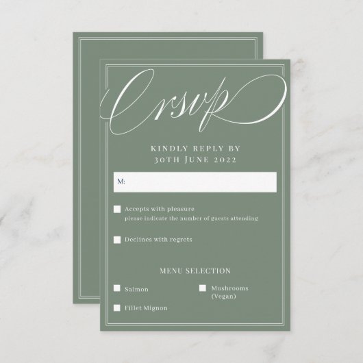 Classic Sage Elegante Script Calligrafy Wedding RSVP Karte (Vorne/Hinten)