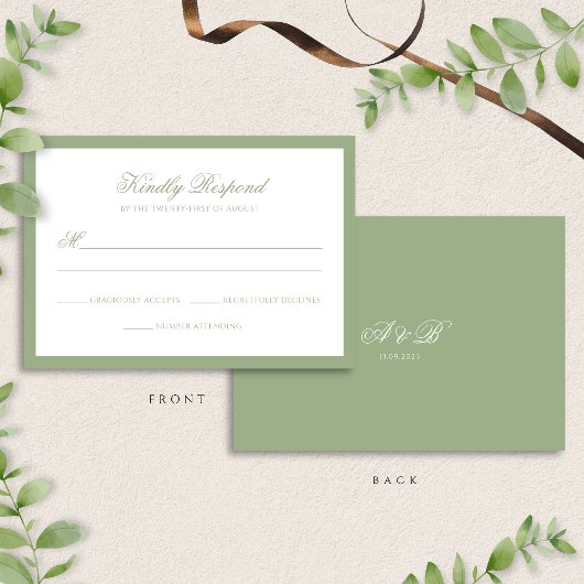 Classic Sage Green Border Monogram Script Wedding RSVP Karte