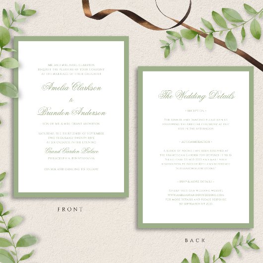 Classic Sage Green Border Script Wedding Details & Einladung