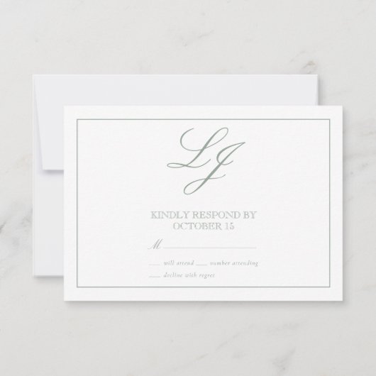 Classic Sage Green Calligrafy Monogram No Meal RSVP Karte (Rückseite)
