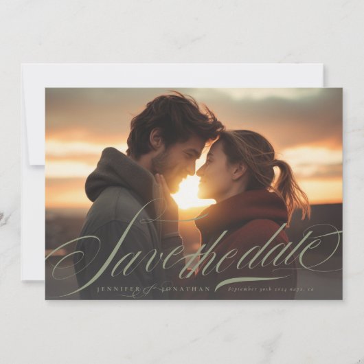 Classic Sage Green Calligrafy QR Code Two Foto Save The Date (Vorderseite)