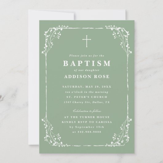 Classic Sage Green Dainty Floral Frame Baptism Einladung (Vorderseite)