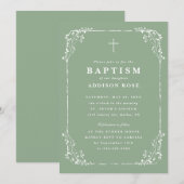 Classic Sage Green Dainty Floral Frame Baptism Einladung (Vorne/Hinten)