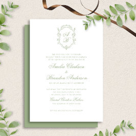 Classic Sage Green Floral Monogram Crest Wedding Einladung