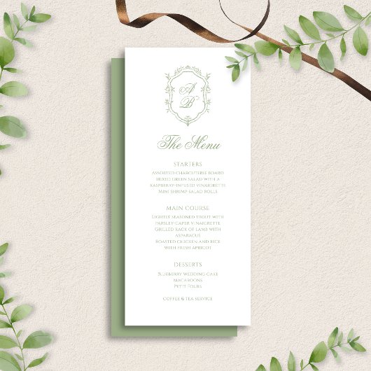Classic Sage Green Floral Monogram Crest Wedding Menükarte