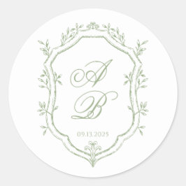 Classic Sage Green Floral Monogram Crest Wedding Runder Aufkleber