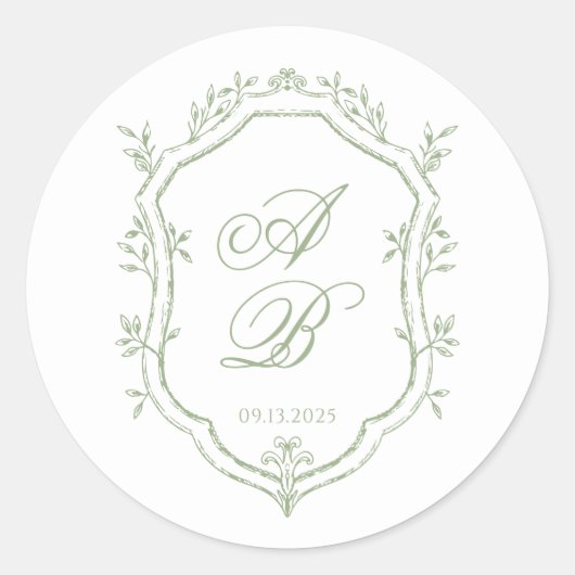 Classic Sage Green Floral Monogram Crest Wedding Runder Aufkleber (Vorderseite)