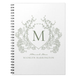 Classic Sage Green Floral Wappen Monogram Notebook Notizblock