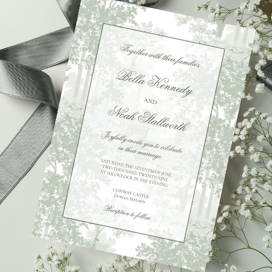 Classic Sage Green Landscape Toile Wedding Einladung