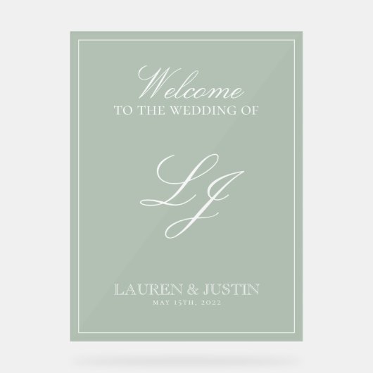Classic Sage Green Modern Monogram Script Willkomm Acrylschild (Vorderseite)