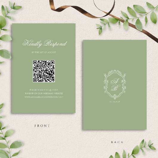 Classic Sage Green Monogram Crest Wedding QR Code RSVP Karte