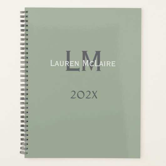 Classic Sage Green Monogram Office Planning Planer (Vorderseite)