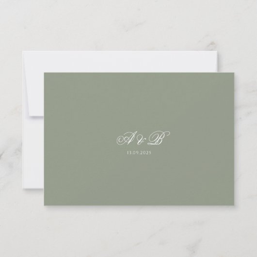 Classic Sage Green Monogram Script Border Wedding RSVP Karte (Rückseite)