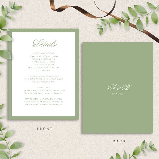 Classic Sage Green Monogram Script Wedding Details Begleitkarte