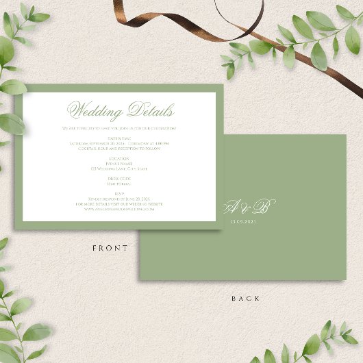 Classic Sage Green Monogram Script Wedding Details Begleitkarte