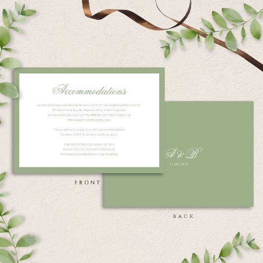 Classic Sage Green Monogram Wedding Accommodation Begleitkarte
