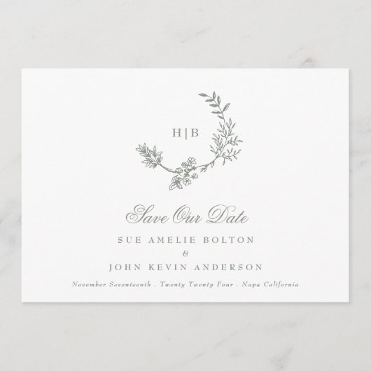 Classic Sage Green Monogram Wreath Classic Wedding Save The Date (Vorderseite)