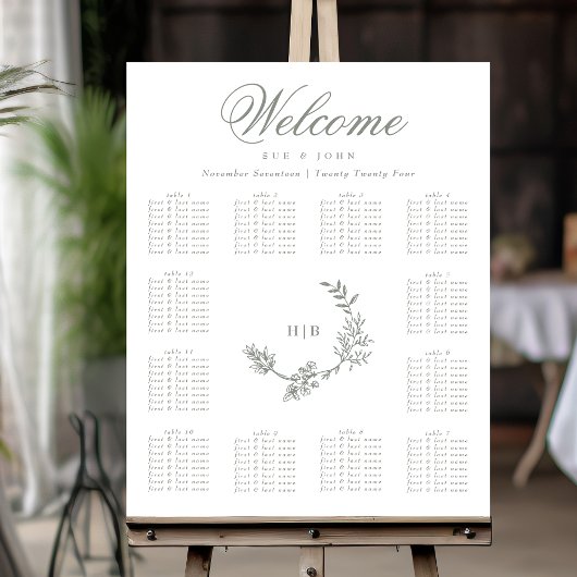 Classic Sage Green Monogram Wreath Floral Wedding Poster