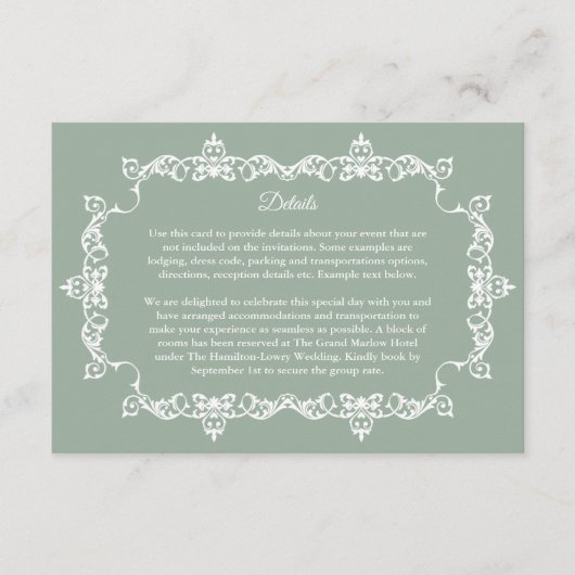 Classic Sage Green Ornately Framed Wedding Begleitkarte (Vorderseite)