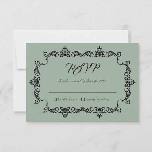 Classic Sage Green Ornately Framed Wedding RSVP Karte (Vorderseite)
