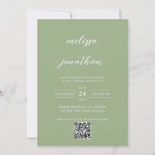 Classic Sage Green Photo Script QR Code Wedding Einladung (Vorderseite)