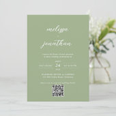 Classic Sage Green Photo Script QR Code Wedding Einladung (Stehend Vorderseite)