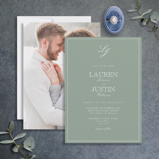 Classic Sage Green Script Monogram Foto Wedding Einladung