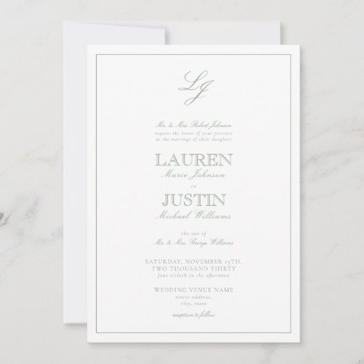 Classic Sage Green Script Monogram Wedding Einladung (Vorderseite)