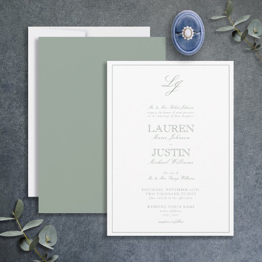 Classic Sage Green Script Monogram Wedding Einladung