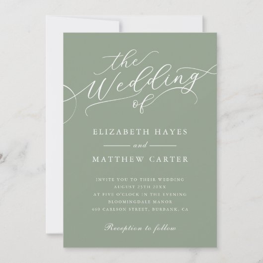 Classic Sage Green Script Wedding Einladung (Vorderseite)
